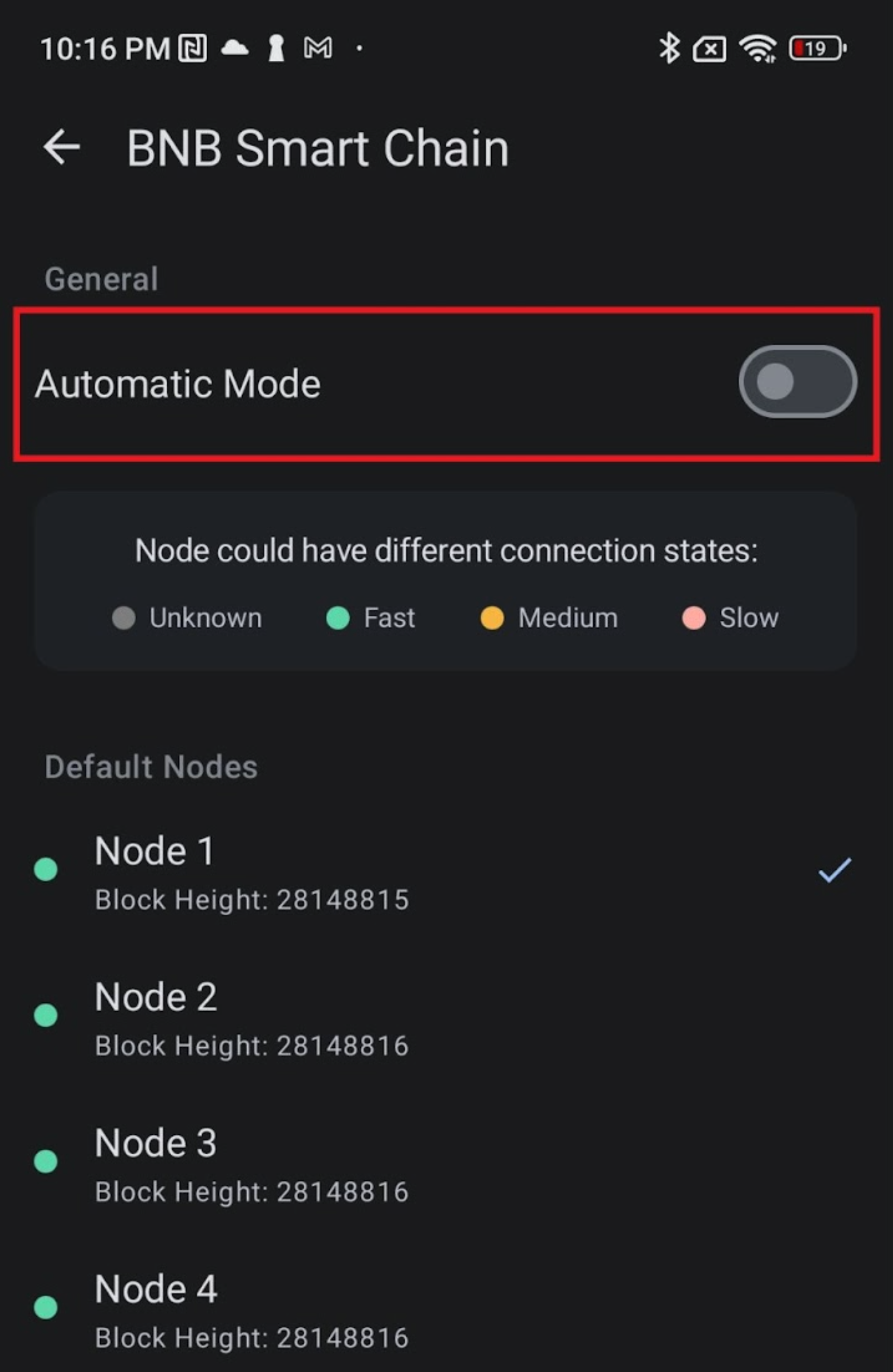 TrustWallet Settings - Step 5 - Disable Auto Mode and Select Node